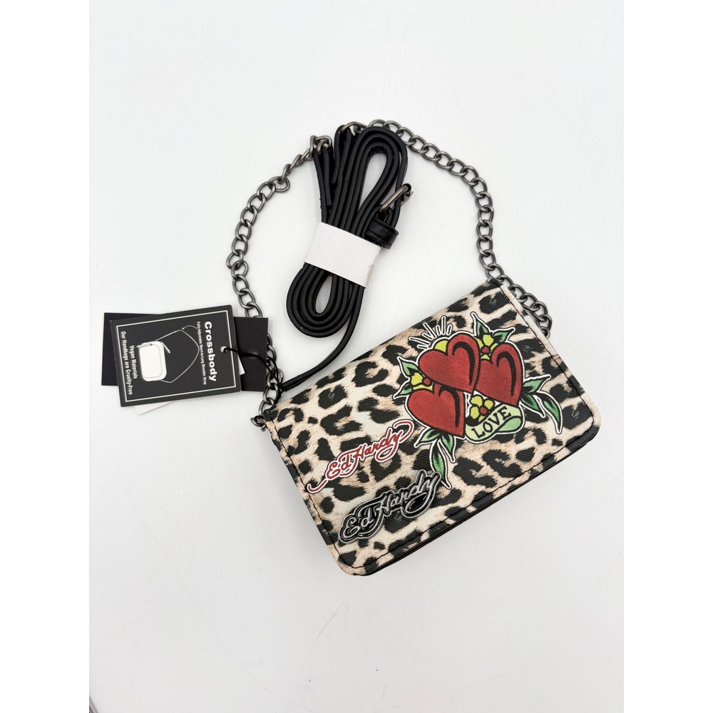 Ed‎ Hardy Leopard Print Heart Love Crossbody Wallet Chain Bag New